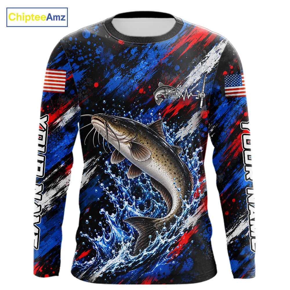 Catfish Fishing Shirt Custom US Flag Splash Water Long Sleeve Apparel