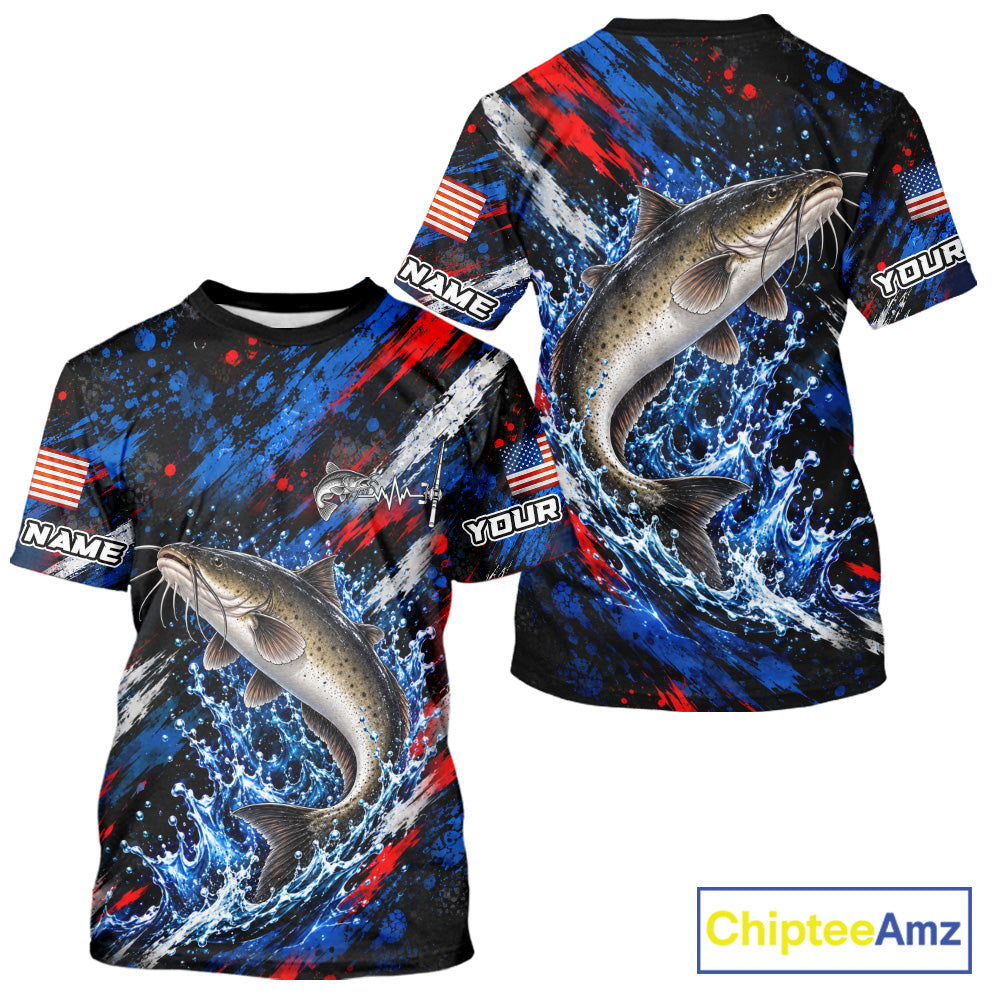 Catfish Fishing Shirt Custom US Flag Splash Water Short Sleeve Apparel
