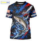 Catfish Fishing Shirt Custom US Flag Splash Water Short Sleeve Apparel