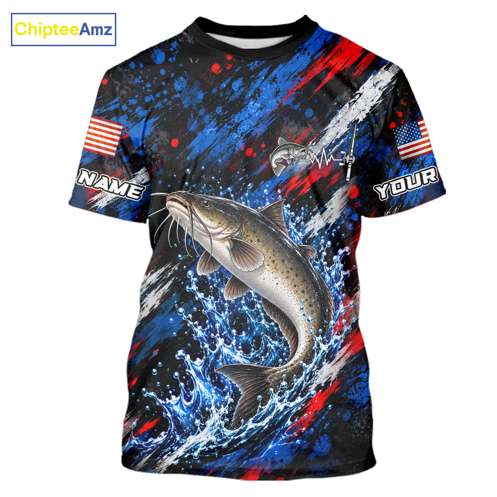 Catfish Fishing Shirt Custom US Flag Splash Water Short Sleeve Apparel