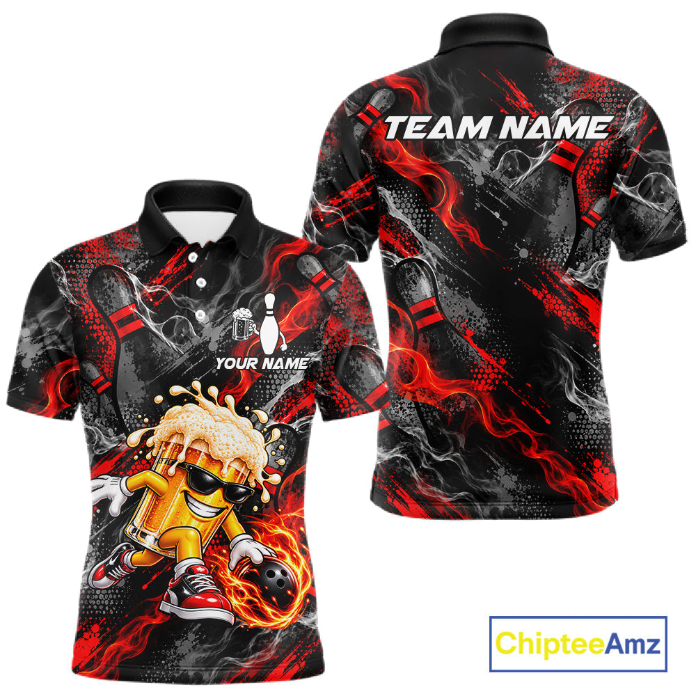 Red Fire Flame Beer Mug Bowling Polo Shirt Custom Black Team Tournament Jersey