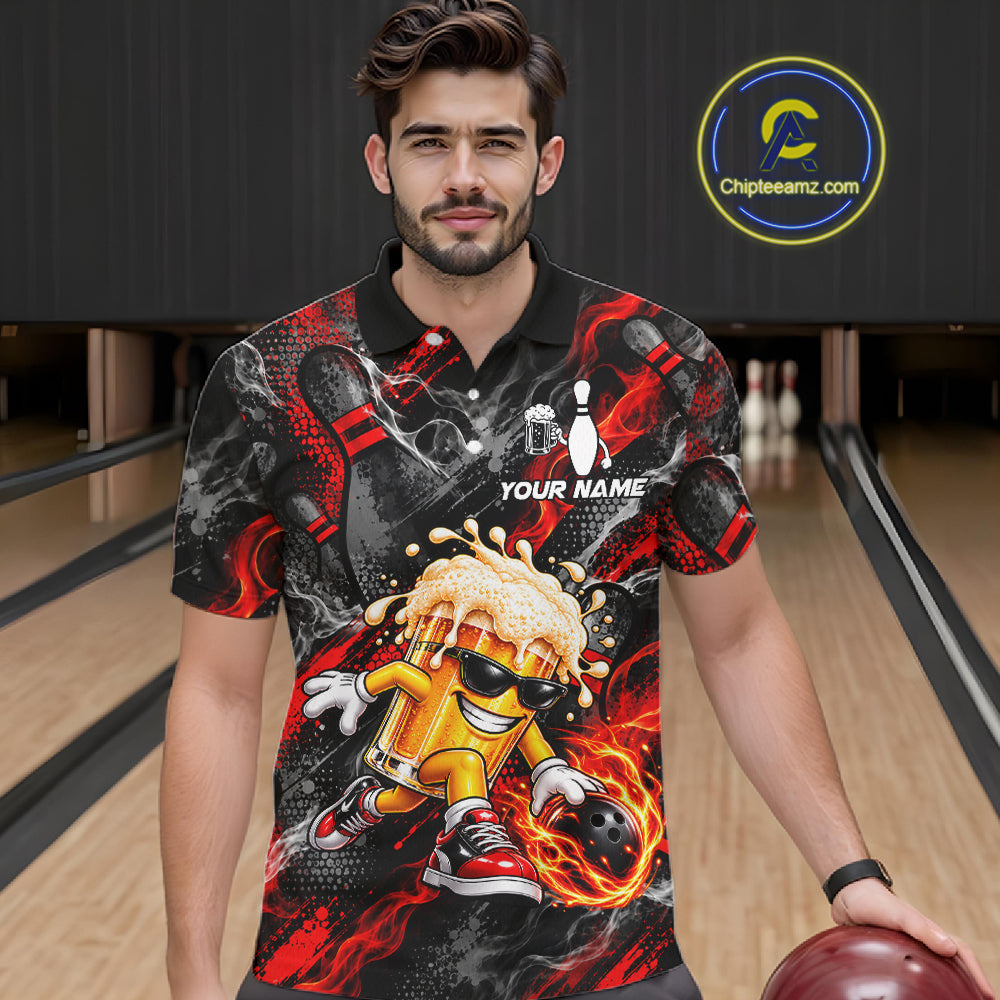 Red Fire Flame Beer Mug Bowling Polo Shirt Custom Black Team Tournament Jersey