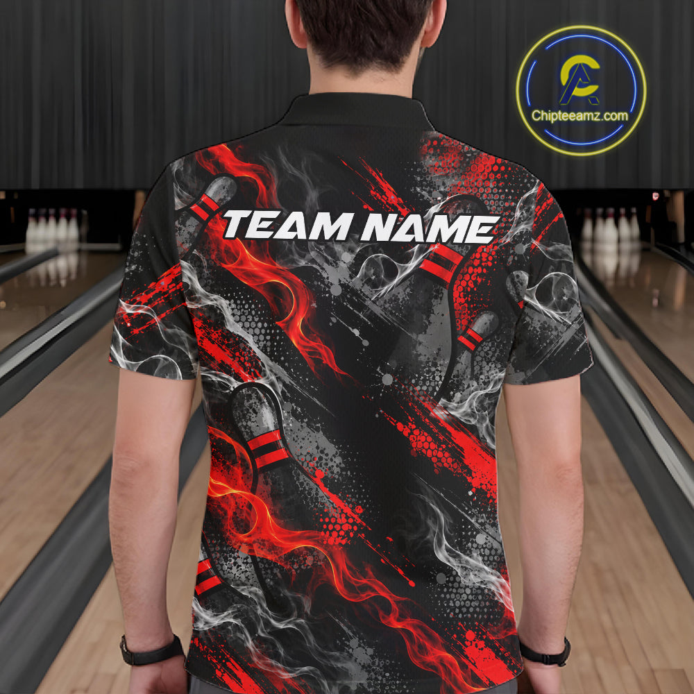 Red Fire Flame Beer Mug Bowling Polo Shirt Custom Black Team Tournament Jersey