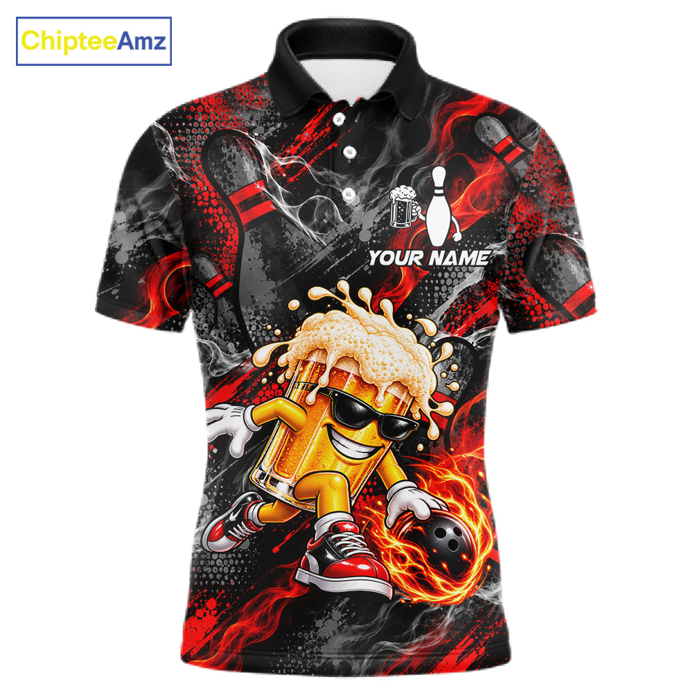 Red Fire Flame Beer Mug Bowling Polo Shirt Custom Black Team Tournament Jersey