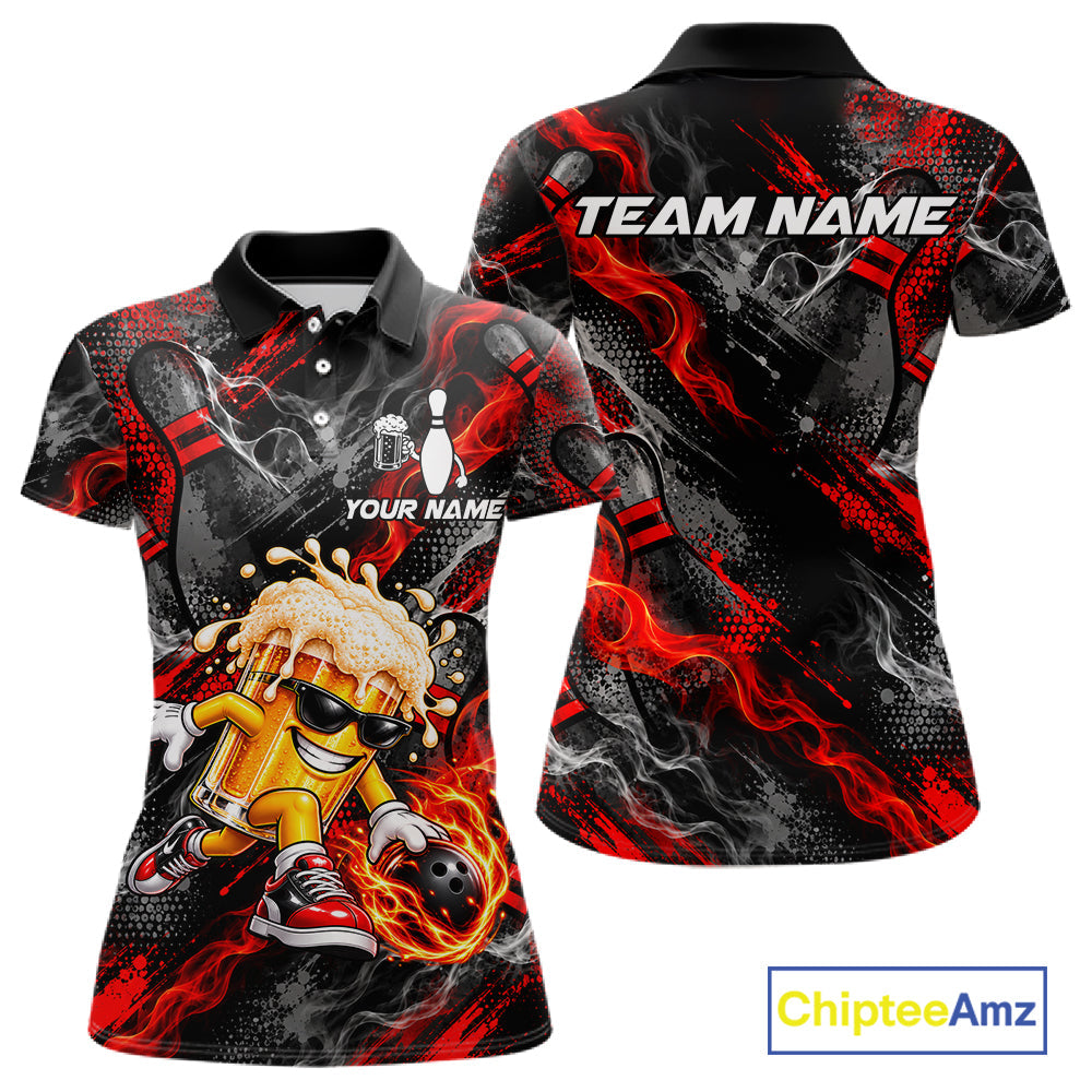 Red Fire Flame Beer Mug Bowling Polo Shirt Custom Black Team Tournament Jersey