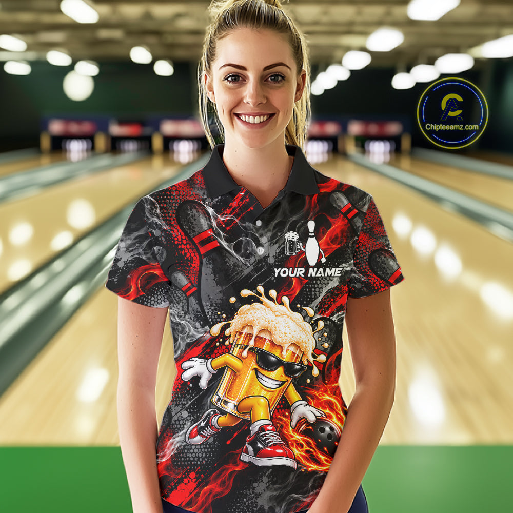 Red Fire Flame Beer Mug Bowling Polo Shirt Custom Black Team Tournament Jersey