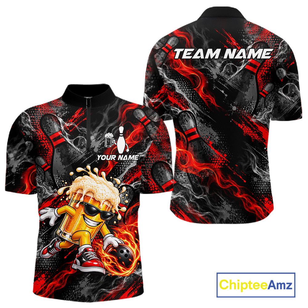 Red Fire Flame Beer Mug Bowling Polo Shirt Custom Black Team Tournament Jersey