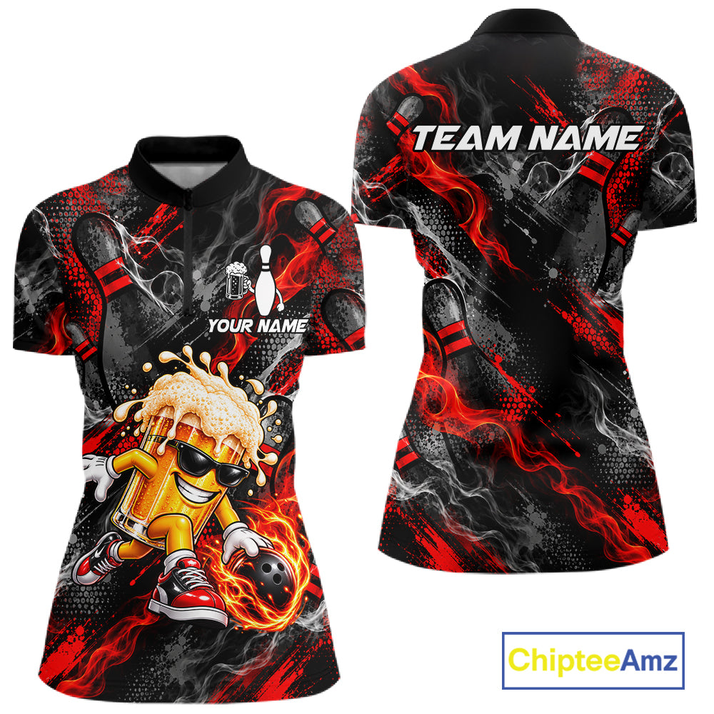 Red Fire Flame Beer Mug Bowling Polo Shirt Custom Black Team Tournament Jersey