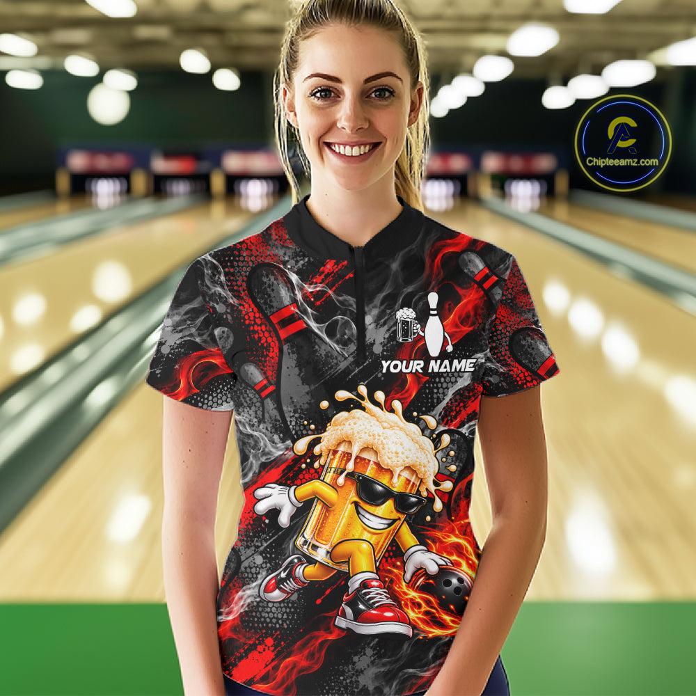 Red Fire Flame Beer Mug Bowling Polo Shirt Custom Black Team Tournament Jersey
