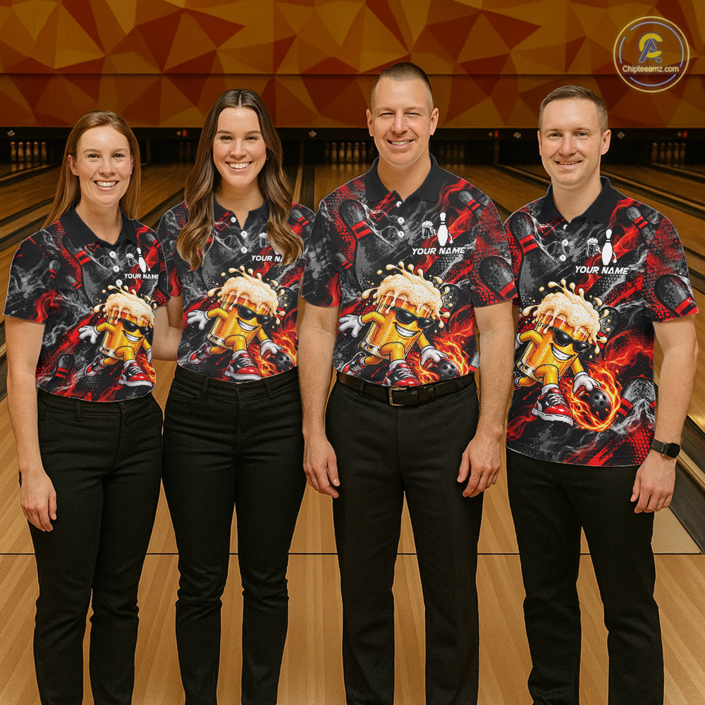 Red Fire Flame Beer Mug Bowling Polo Shirt Custom Black Team Tournament Jersey