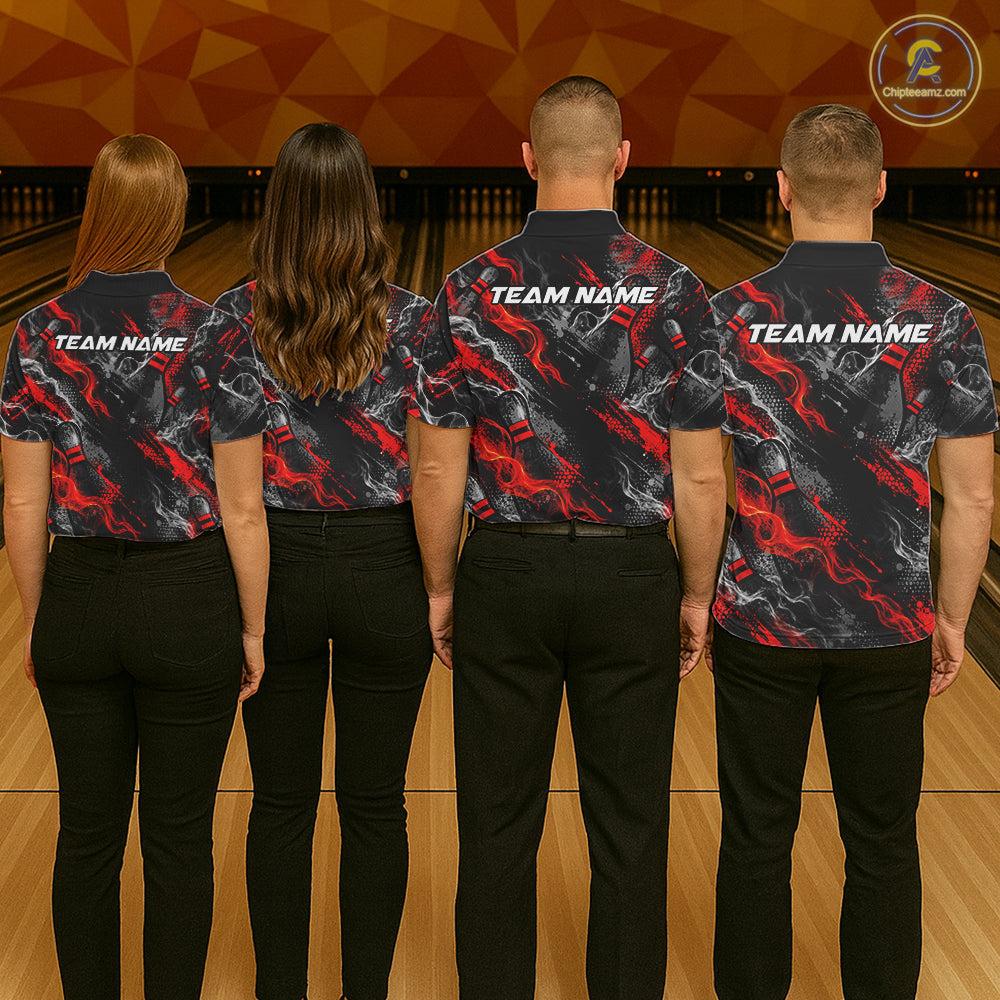 Red Fire Flame Beer Mug Bowling Polo Shirt Custom Black Team Tournament Jersey