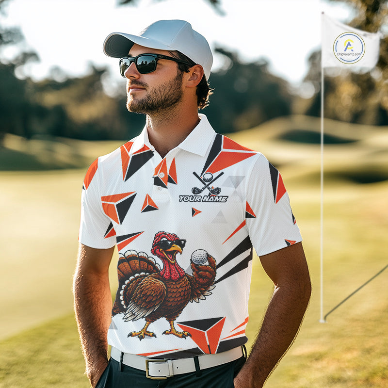 Custom Turkey Orange Black Geometric Golf Polo Shirt, Funny Thanksgiving Golf Team Shirt