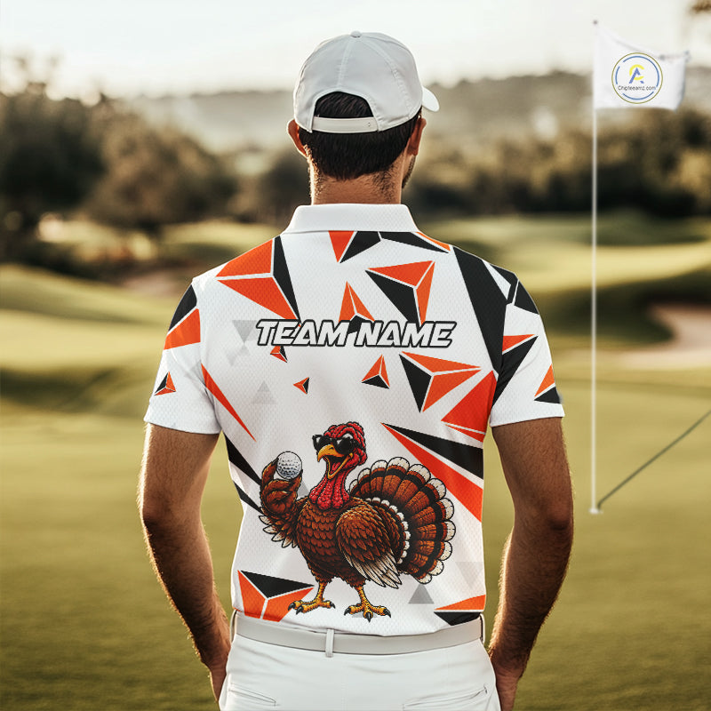 Custom Turkey Orange Black Geometric Golf Polo Shirt, Funny Thanksgiving Golf Team Shirt