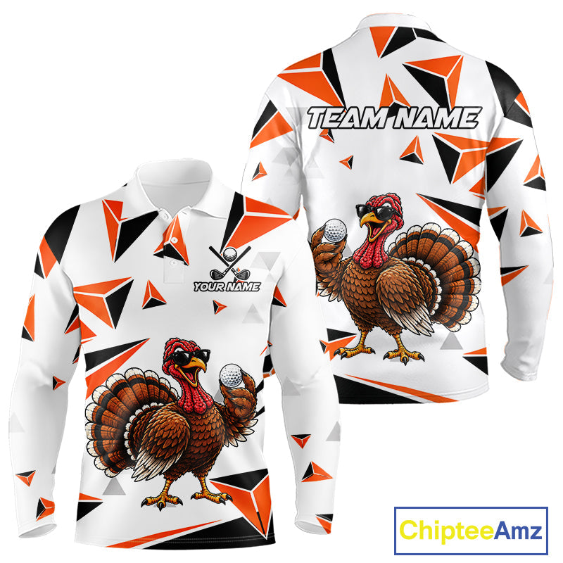 Custom Turkey Orange Black Geometric Golf Polo Shirt, Funny Thanksgiving Golf Team Shirt
