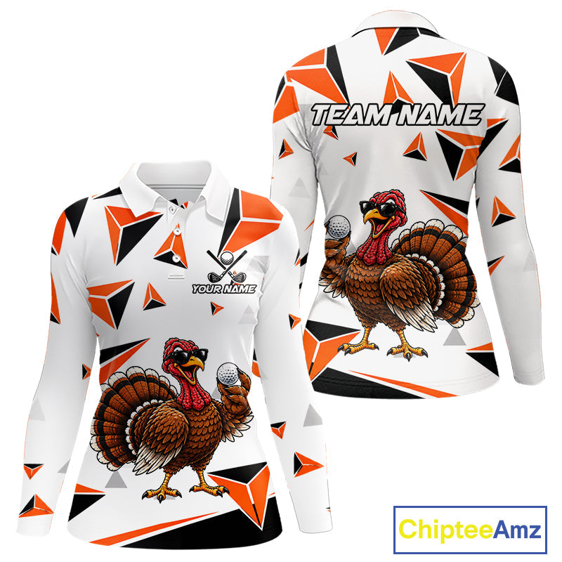 Custom Turkey Orange Black Geometric Golf Polo Shirt, Funny Thanksgiving Golf Team Shirt