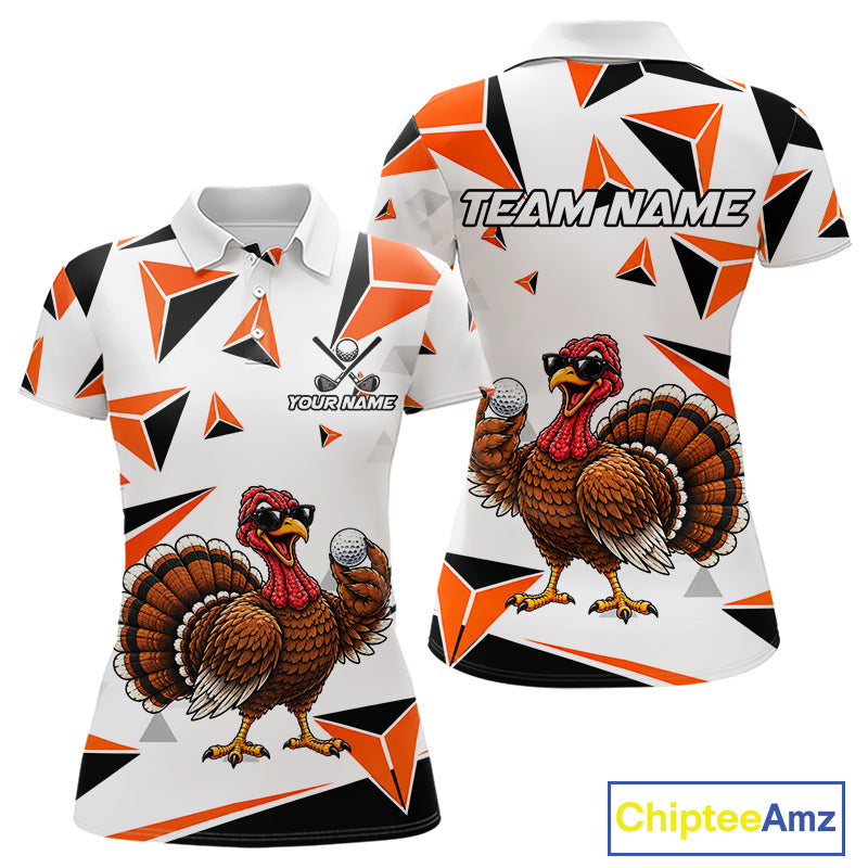 Custom Turkey Orange Black Geometric Golf Polo Shirt, Funny Thanksgiving Golf Team Shirt