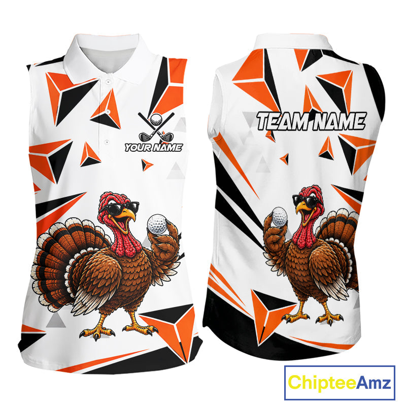 Custom Turkey Orange Black Geometric Sleeveless Golf Polo Shirt, Funny Thanksgiving Golf Team Shirt