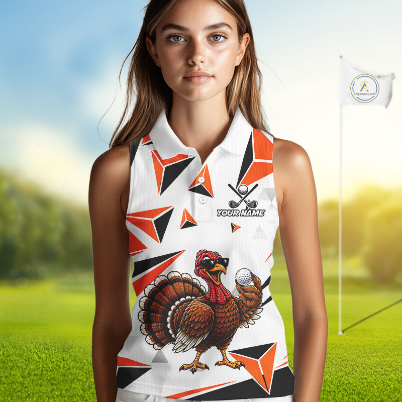 Custom Turkey Orange Black Geometric Sleeveless Golf Polo Shirt, Funny Thanksgiving Golf Team Shirt