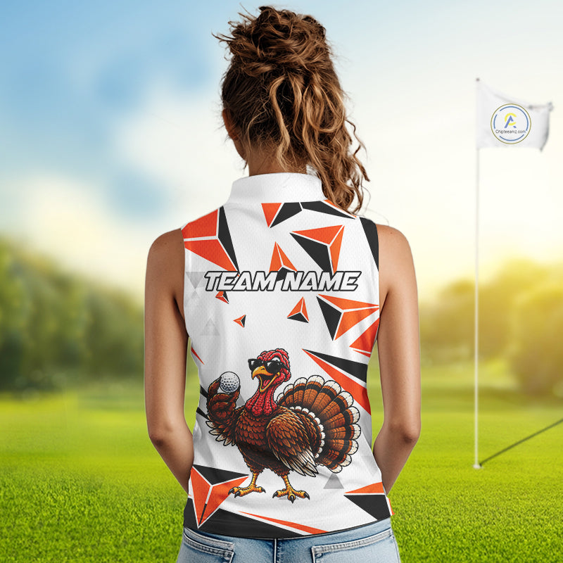 Custom Turkey Orange Black Geometric Sleeveless Golf Polo Shirt, Funny Thanksgiving Golf Team Shirt