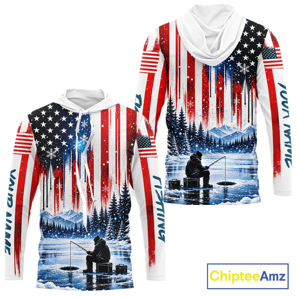 American Flag Ice Fishing Jersey Long Sleeve Shirt, Patriotic USA Winter Hooded Fishing Shirt