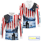 American Flag Ice Fishing Jersey Long Sleeve Shirt, Patriotic USA Winter Hooded Fishing Shirt