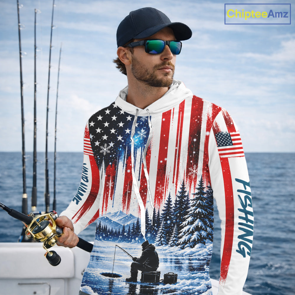 American Flag Ice Fishing Jersey Long Sleeve Shirt, Patriotic USA Winter Hooded Fishing Shirt