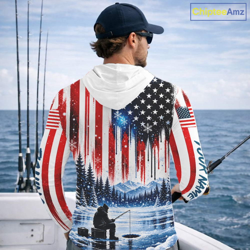 American Flag Ice Fishing Jersey Long Sleeve Shirt, Patriotic USA Winter Hooded Fishing Shirt