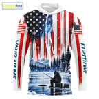 American Flag Ice Fishing Jersey Long Sleeve Shirt, Patriotic USA Winter Hooded Fishing Shirt