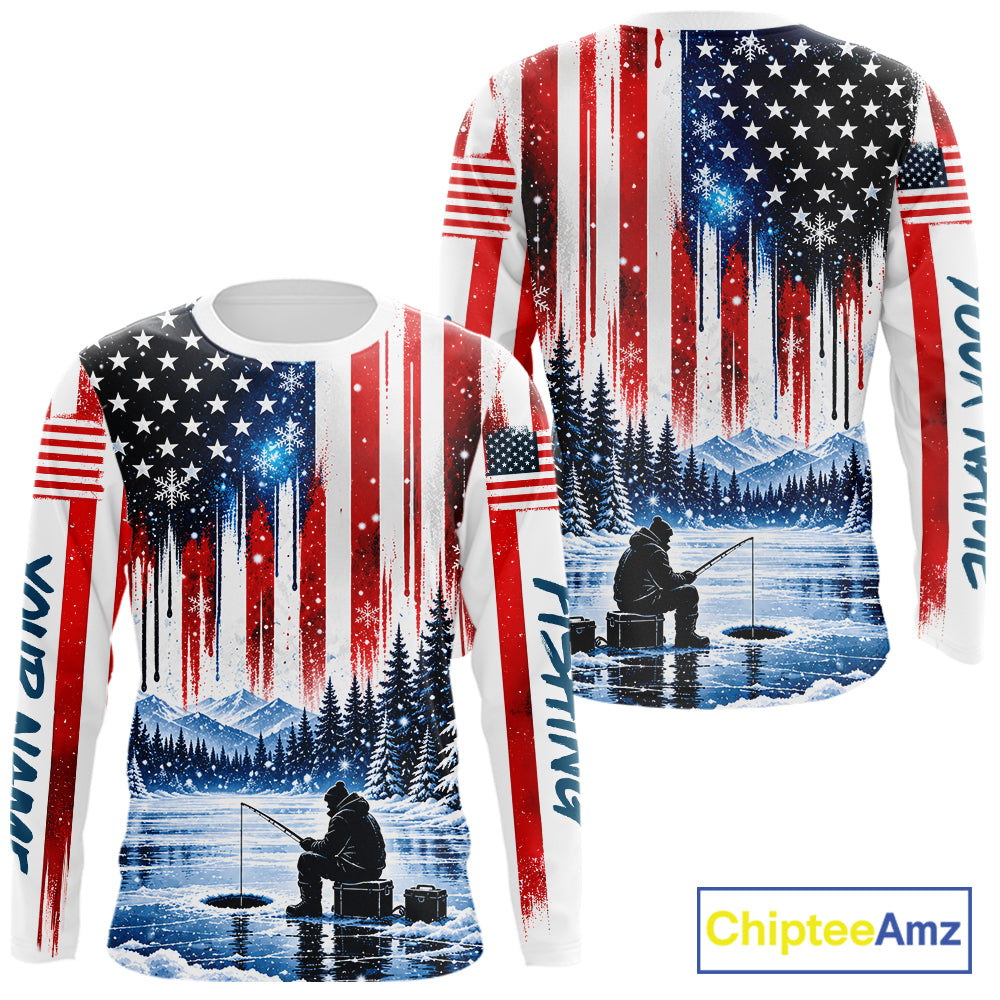 American Flag Ice Fishing Jersey Long Sleeve Shirt, Patriotic USA Winter Fishing Shirt