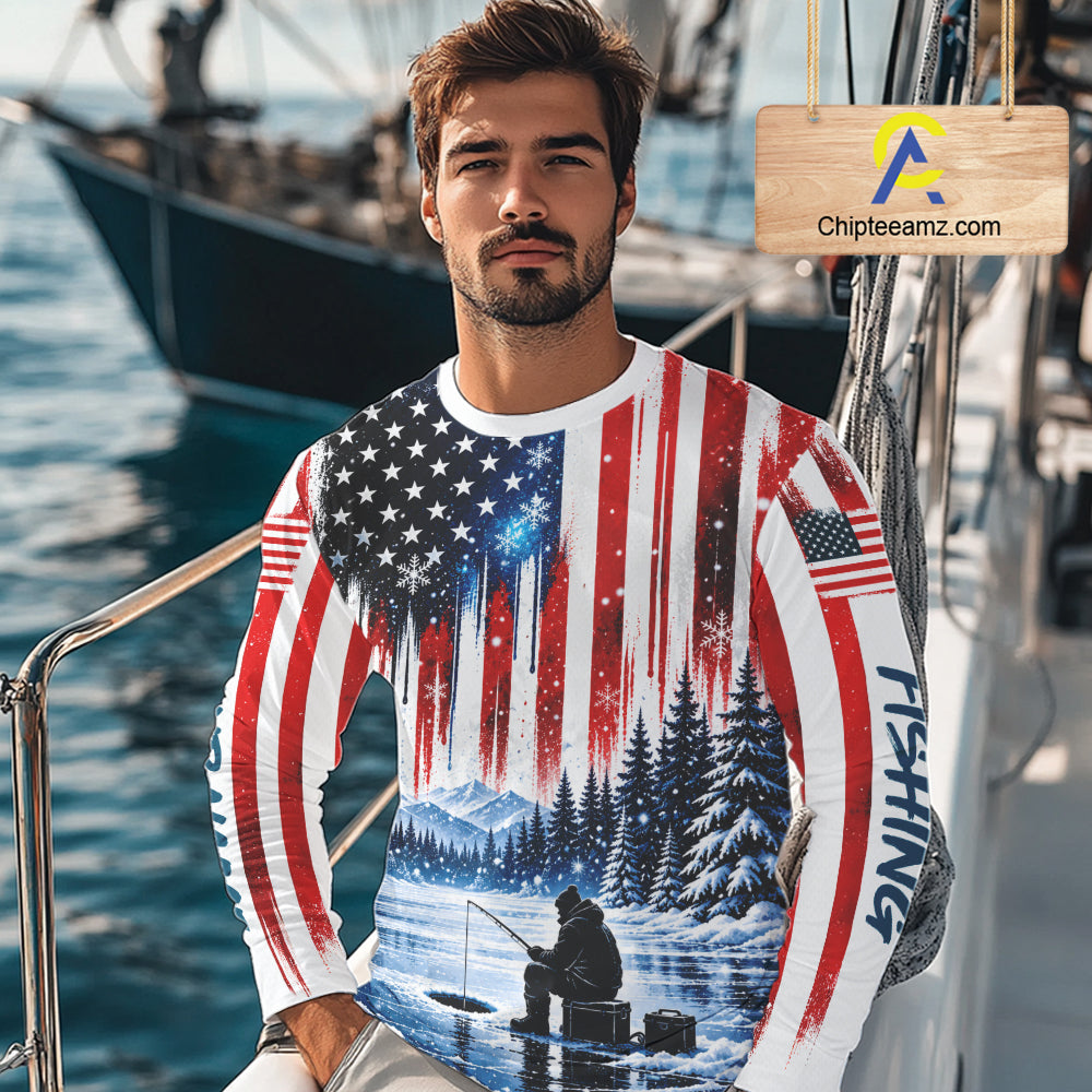 American Flag Ice Fishing Jersey Long Sleeve Shirt, Patriotic USA Winter Fishing Shirt