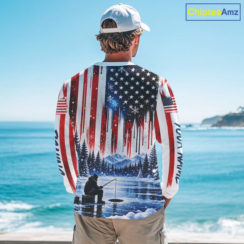 American Flag Ice Fishing Jersey Long Sleeve Shirt, Patriotic USA Winter Fishing Shirt