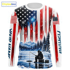 American Flag Ice Fishing Jersey Long Sleeve Shirt, Patriotic USA Winter Fishing Shirt