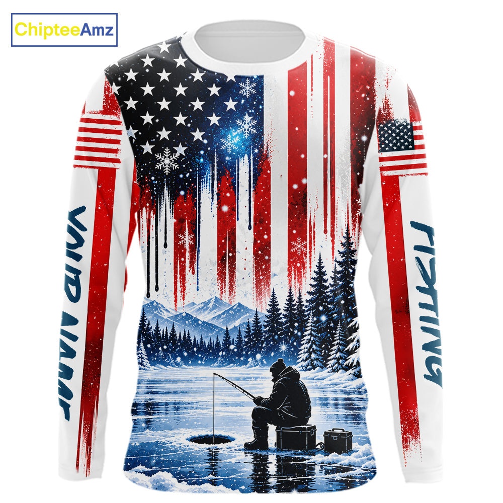 American Flag Ice Fishing Jersey Long Sleeve Shirt, Patriotic USA Winter Fishing Shirt