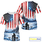 American Flag Ice Fishing Jersey Short Sleeve Shirt, Patriotic USA Winter Fishing Shirt