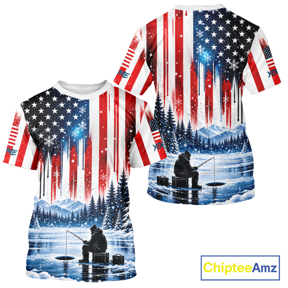 American Flag Ice Fishing Jersey Short Sleeve Shirt, Patriotic USA Winter Fishing Shirt