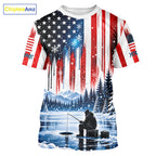American Flag Ice Fishing Jersey Short Sleeve Shirt, Patriotic USA Winter Fishing Shirt