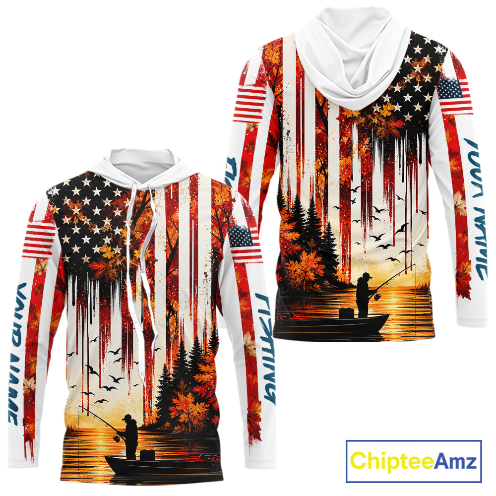 American Flag Autumn Fishing Jersey Long Sleeve Shirt, Patriotic USA Autumn Hooded Fishing Shirt