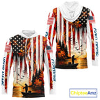 American Flag Autumn Fishing Jersey Long Sleeve Shirt, Patriotic USA Autumn Hooded Fishing Shirt