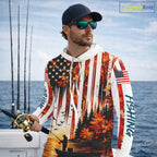 American Flag Autumn Fishing Jersey Long Sleeve Shirt, Patriotic USA Autumn Hooded Fishing Shirt