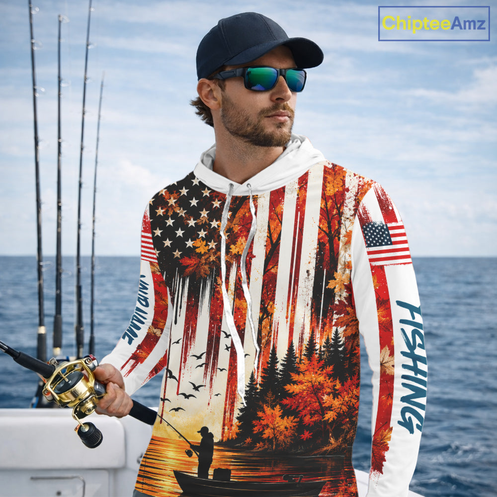 American Flag Autumn Fishing Jersey Long Sleeve Shirt, Patriotic USA Autumn Hooded Fishing Shirt