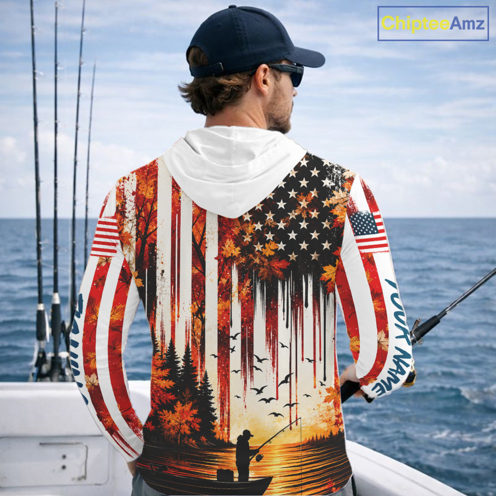 American Flag Autumn Fishing Jersey Long Sleeve Shirt, Patriotic USA Autumn Hooded Fishing Shirt