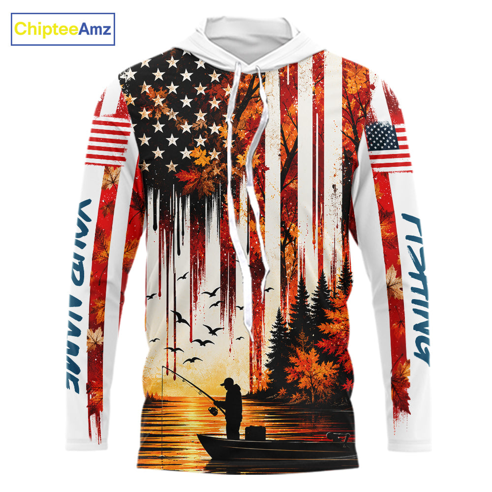 American Flag Autumn Fishing Jersey Long Sleeve Shirt, Patriotic USA Autumn Hooded Fishing Shirt