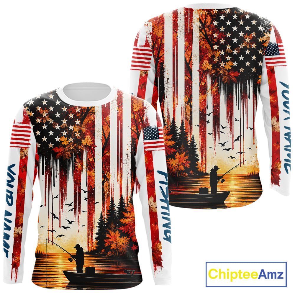 American Flag Autumn Fishing Jersey Long Sleeve Shirt, Patriotic USA Autumn Fishing Shirt