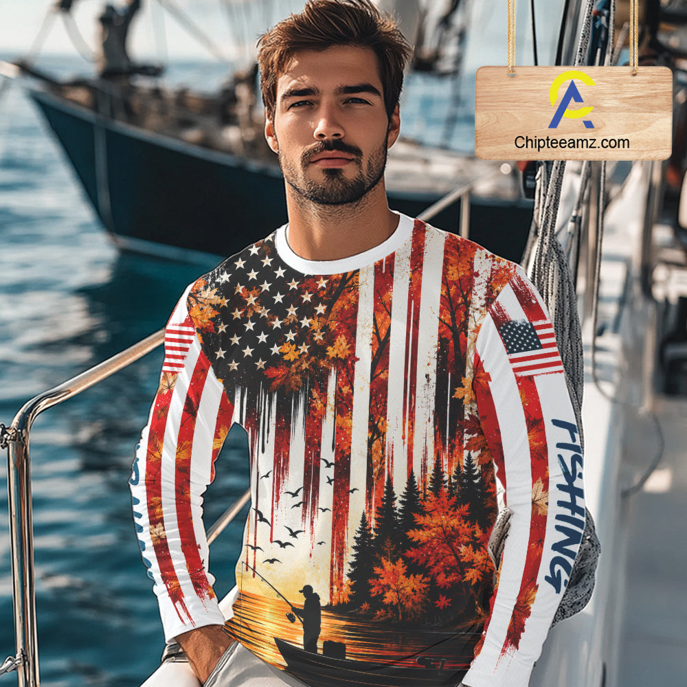 American Flag Autumn Fishing Jersey Long Sleeve Shirt, Patriotic USA Autumn Fishing Shirt