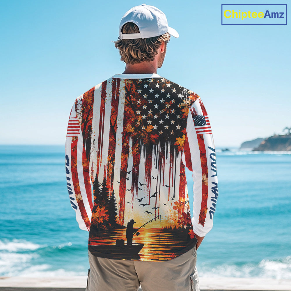 American Flag Autumn Fishing Jersey Long Sleeve Shirt, Patriotic USA Autumn Fishing Shirt