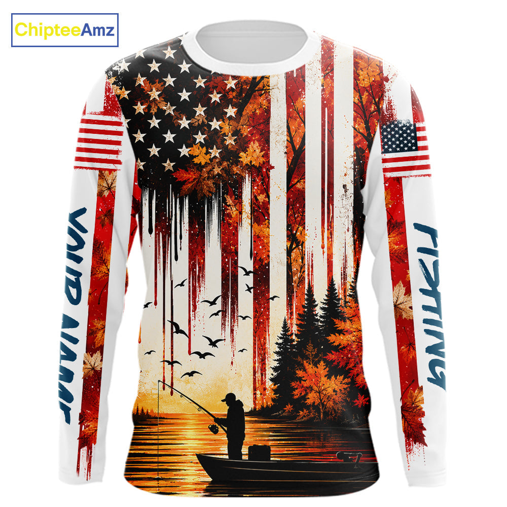 American Flag Autumn Fishing Jersey Long Sleeve Shirt, Patriotic USA Autumn Fishing Shirt
