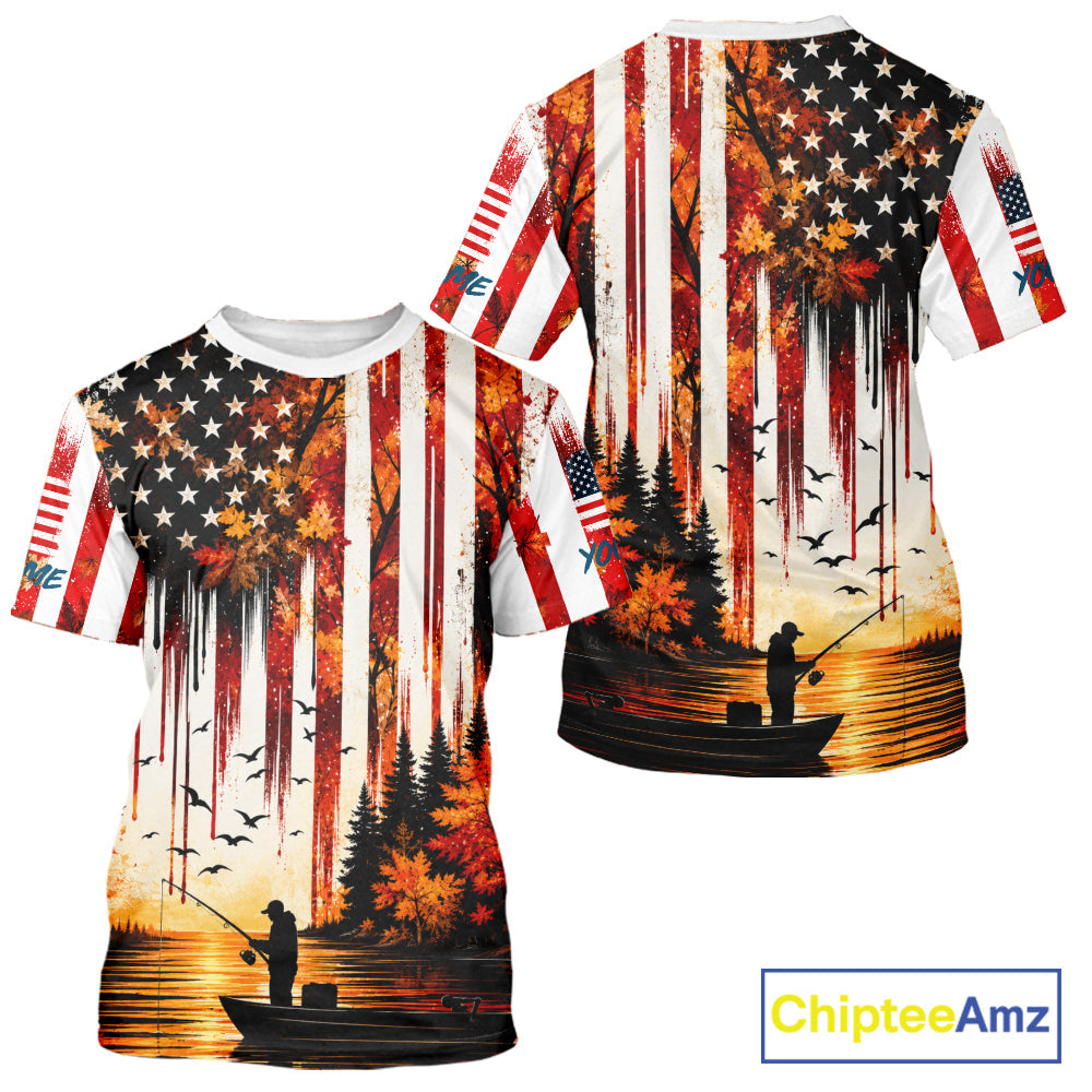 American Flag Autumn Fishing Jersey Short Sleeve Shirt, Patriotic USA Autumn Fishing Shirt