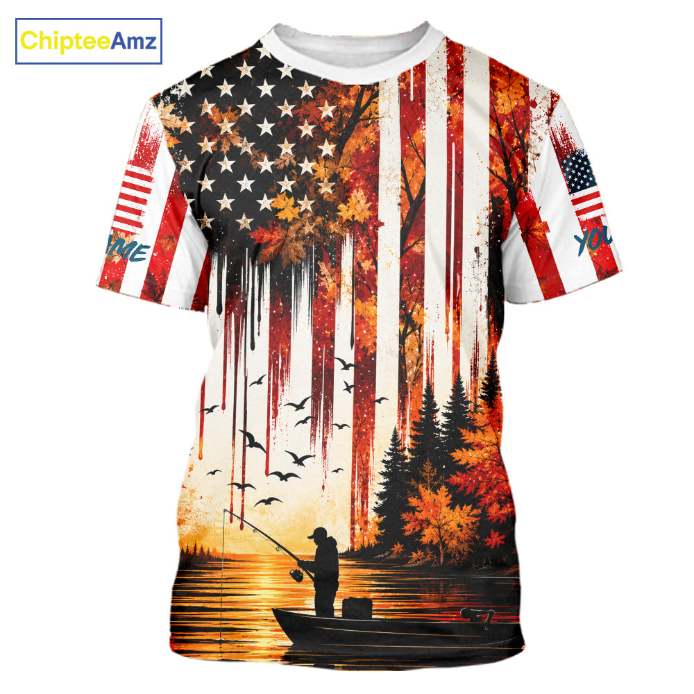 American Flag Autumn Fishing Jersey Short Sleeve Shirt, Patriotic USA Autumn Fishing Shirt