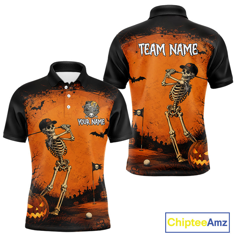 Halloween Golf Polo Shirt – Skeleton Golfer Pumpkin Custom Name Golf Shirt, Golf Gifts