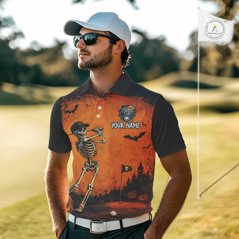 Halloween Golf Polo Shirt – Skeleton Golfer Pumpkin Custom Name Golf Shirt, Golf Gifts